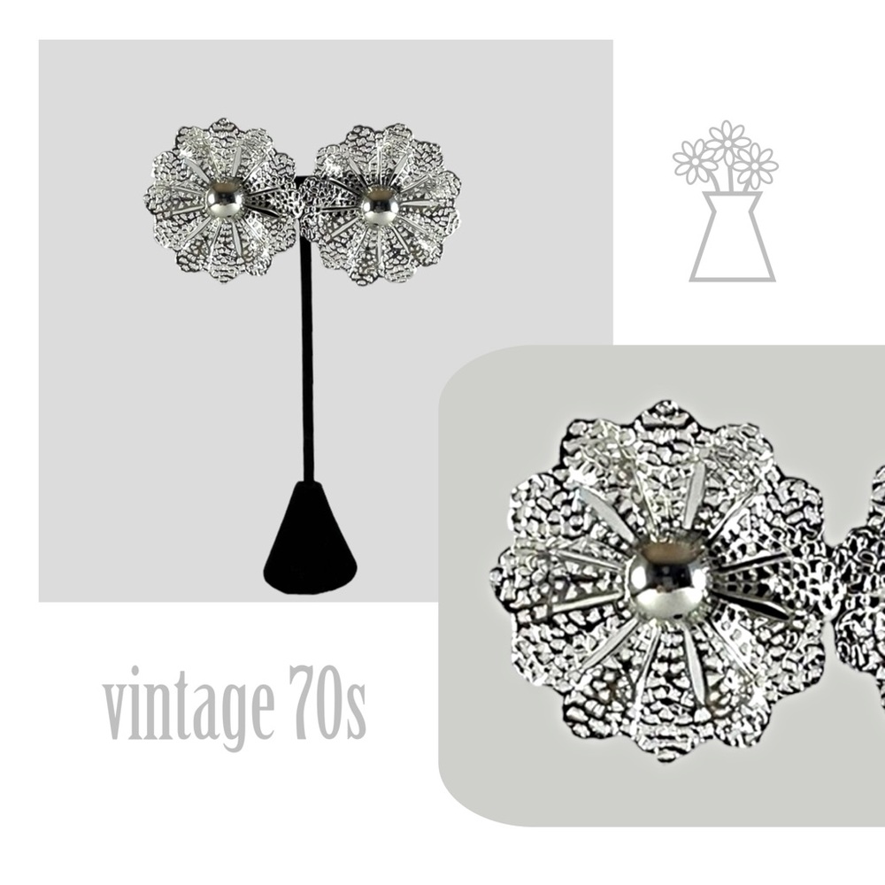 vintage 70s oversized filigree daisy clip on earrings Sarah Coventry
